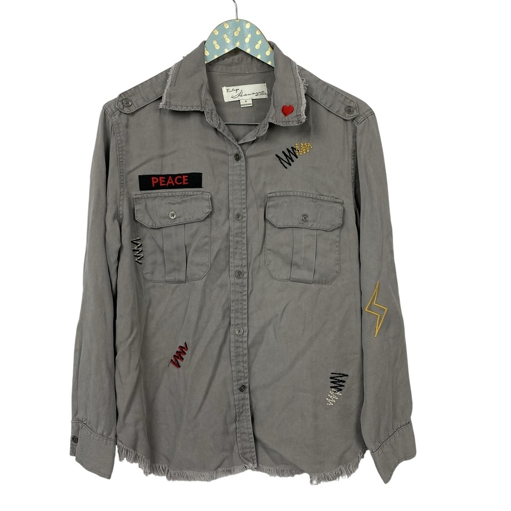 Vintage Havana Shacket Top Womens Small Gray Peace Embroidered Utility Military
